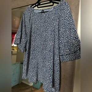 Finjani Blue White Leopard Print Tiered Ruffle Sleeve Polyester Blouse XL Top